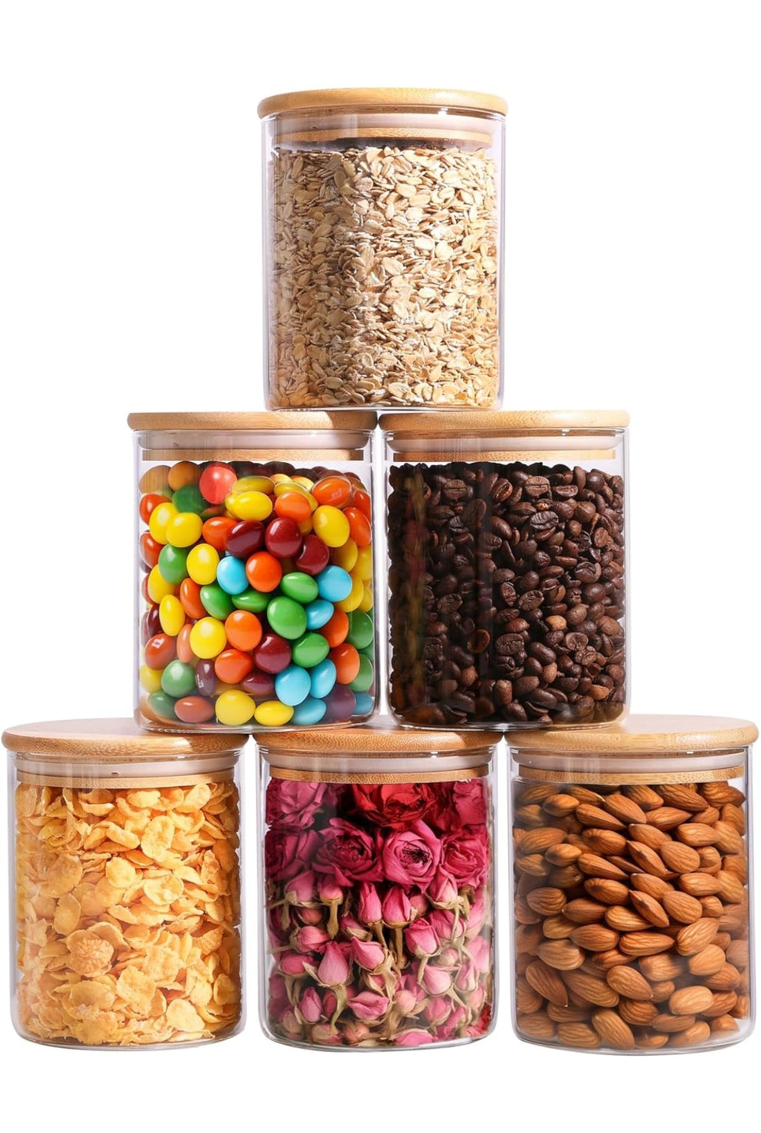 Glass food storage jars with bamboo lids for pantry organisation