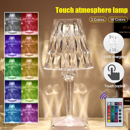 RGB Crystal Touch Table Lamp – Diamond Rose LED Bedside Light with Remote & USB/Rechargeable Modes | 16 Colours