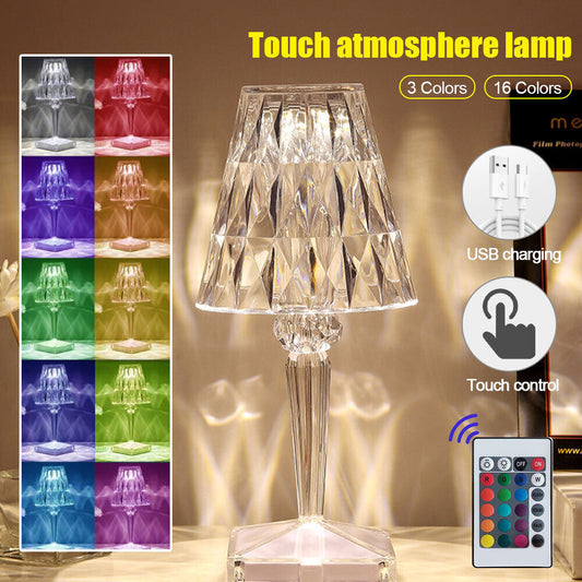 RGB Crystal Touch Table Lamp – Diamond Rose LED Bedside Light with Remote & USB/Rechargeable Modes | 16 Colours, Dimmable Atmosphere Night Light