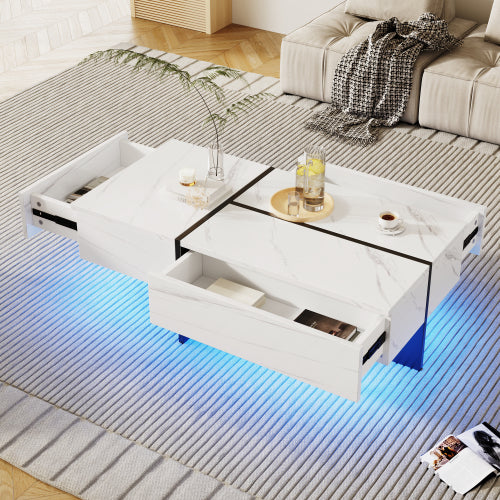 High‑Gloss Coffee Table – White Marble‑Effect Top with Black Risers + App‑Controlled LED Lights