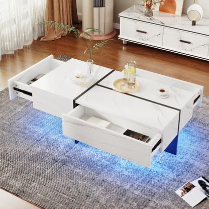 High‑Gloss Coffee Table – White Marble‑Effect Top with Black Risers + App‑Controlled LED Lights