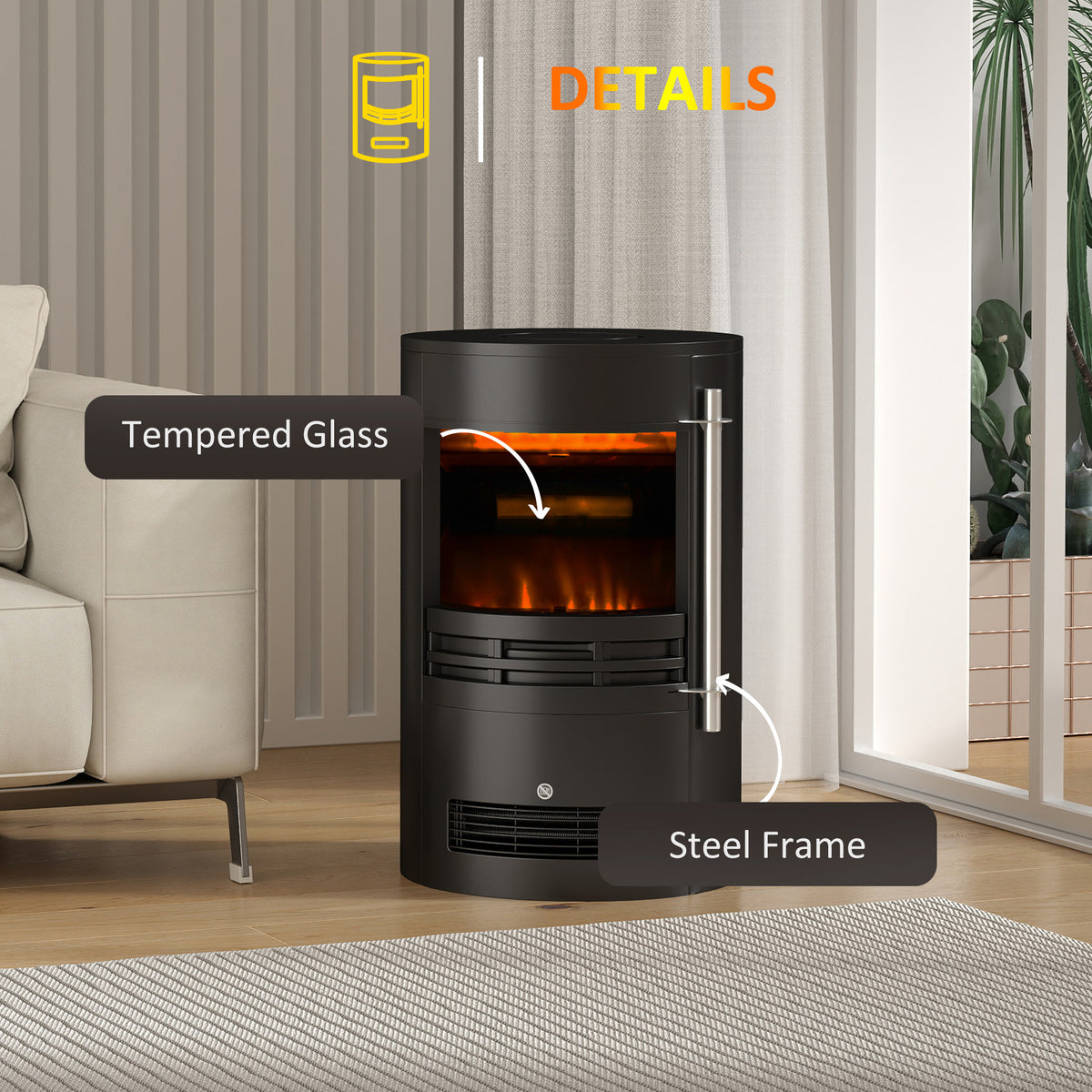 HOMCOM 1000W/2000W Freestanding Electric Fireplace, Indoor Heater Fire Stove with Log Burner Effect Flame, Thermostat Control
