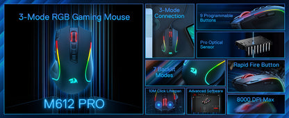 Redragon M612 PRO Wireless Gaming Mouse - 8000 DPI RGB Gaming Mouse with 11 Programmable Buttons for UK Gamers