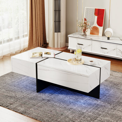 High‑Gloss Coffee Table – White Marble‑Effect Top with Black Risers + App‑Controlled LED Lights