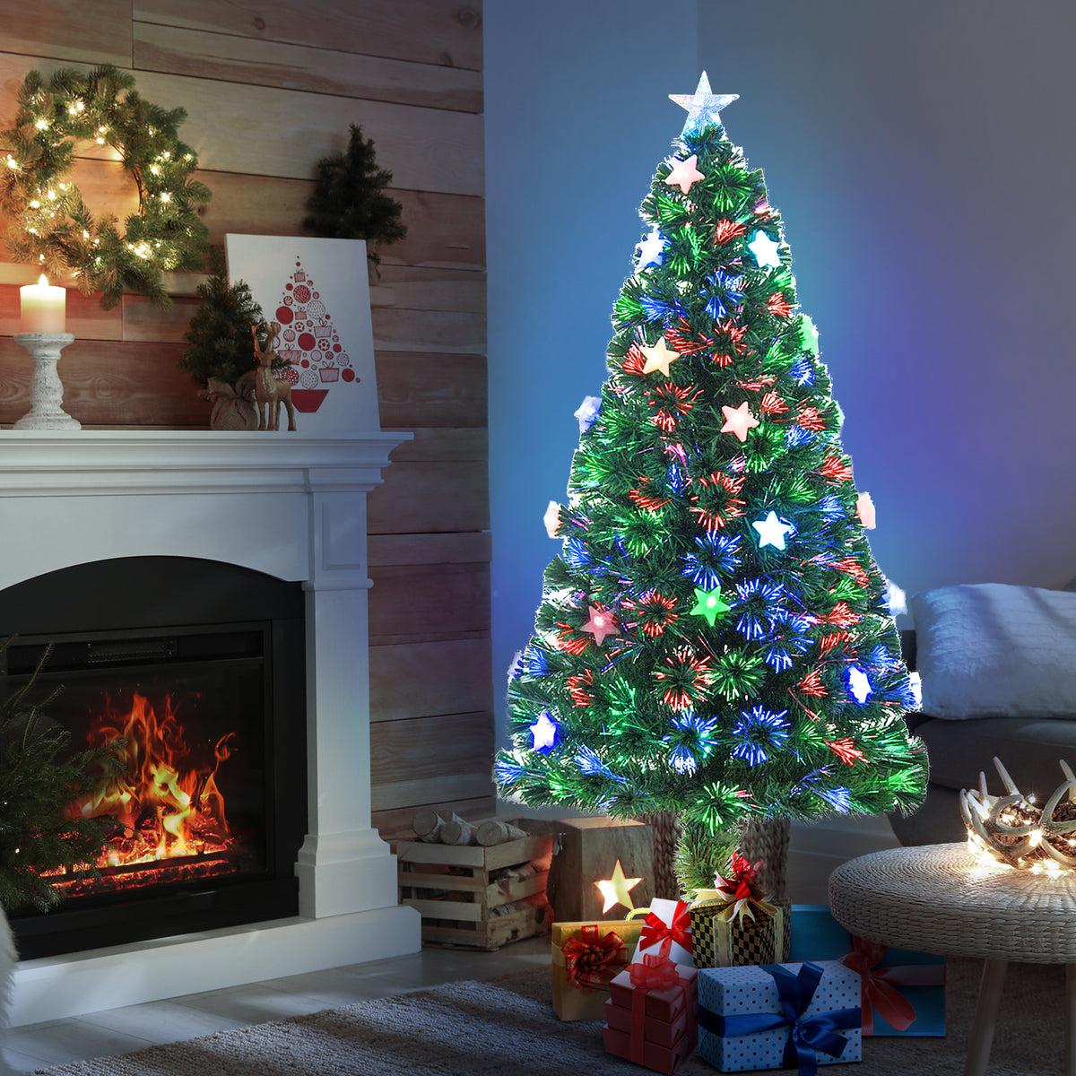 HOMCOM 5FT Prelit Artificial Christmas Tree Fibre Optic Star LED Light Holiday Home Xmas Decoration with LED Light for Indoor Party, Green