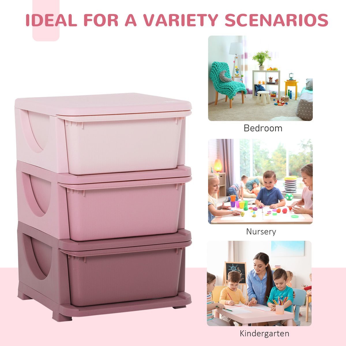 HOMCOM 3 Drawers Plastic Kids Storage Units, 3 Tier Children Toy Chest for Nursery, Playroom, Bedroom, Pink