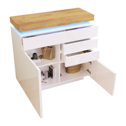 High-Gloss Sideboard Cabinet with RGB LED Lighting | 2 Doors & 3 Drawers, App-Controlled, White — 110 x 115 x 39 cm