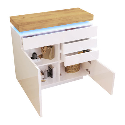 High-Gloss Sideboard Cabinet with RGB LED Lighting | 2 Doors & 3 Drawers, App-Controlled, White — 110 x 115 x 39 cm