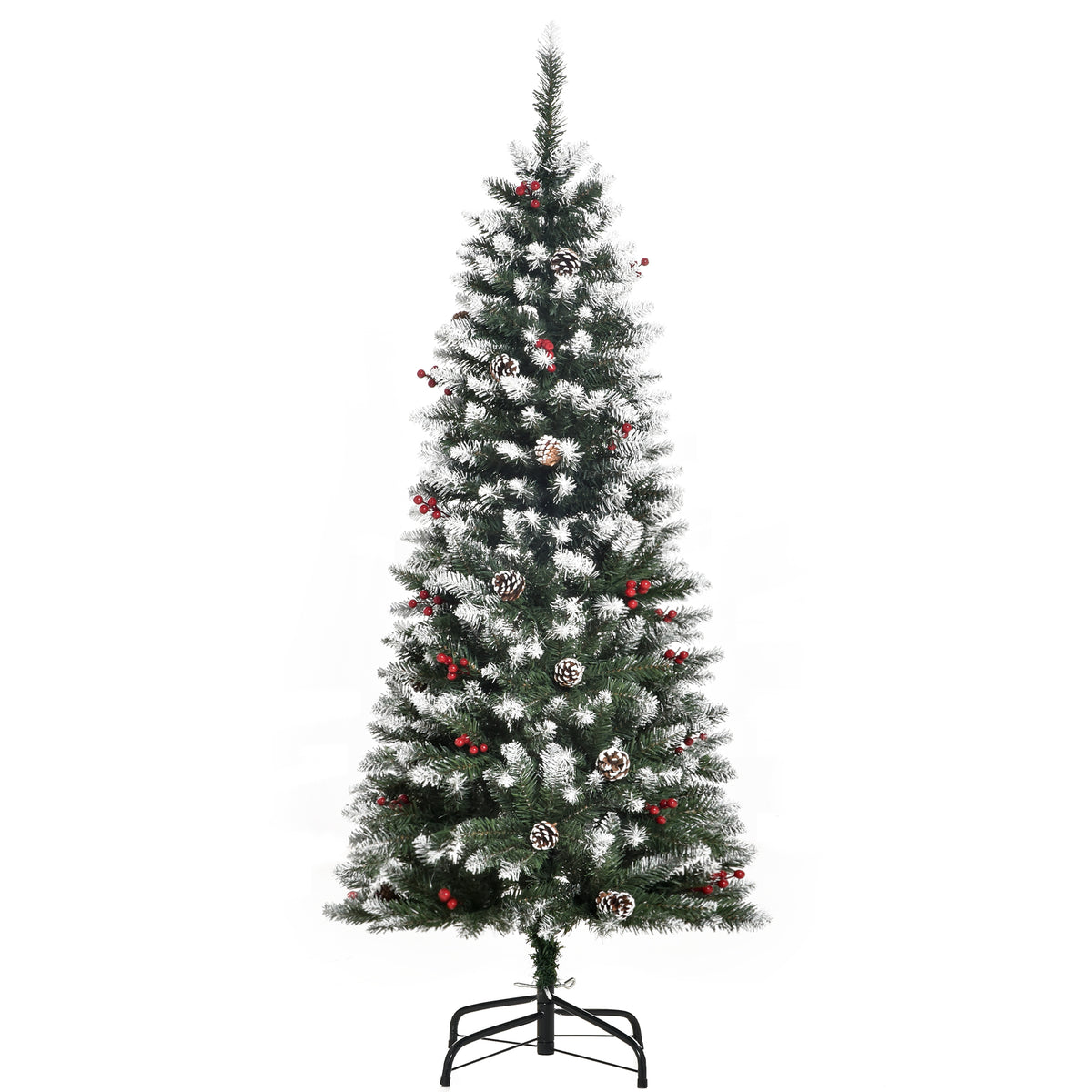 HOMCOM 5FT Artificial Christmas Tree Xmas Pencil Tree with Red Berries and Pinecones Holiday Home Indoor Decoration with Foldable Feet, Green