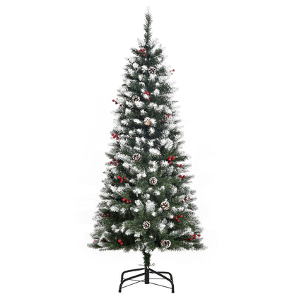 HOMCOM 5FT Artificial Christmas Tree Xmas Pencil Tree with Red Berries and Pinecones Holiday Home Indoor Decoration with Foldable Feet, Green