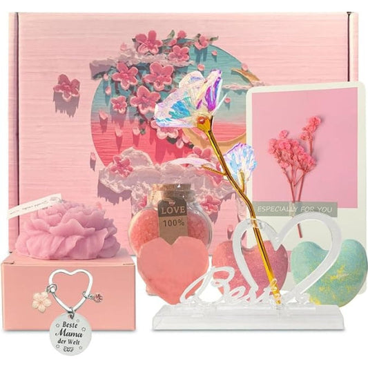 Women's Luxury Spa Gift Set 8-Piece | Bath Bombs, Candle, Rose Soap, Keychain & Greeting Card — Perfect for Mum