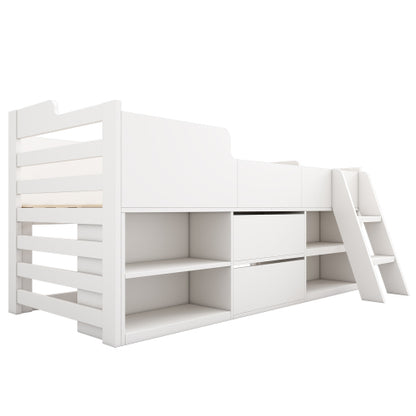 Kids Cabin Bed with Storage – 3ft Single (90×190cm) Mid Sleeper Bed Frame with Drawers & Shelves | White | UK