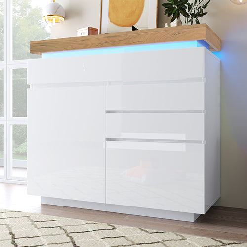 High-Gloss Sideboard Cabinet with RGB LED Lighting | 2 Doors & 3 Drawers, App-Controlled, White — 110 x 115 x 39 cm