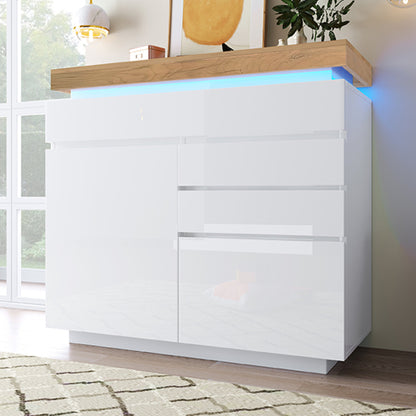 High-Gloss Sideboard Cabinet with RGB LED Lighting | 2 Doors & 3 Drawers, App-Controlled, White — 110 x 115 x 39 cm