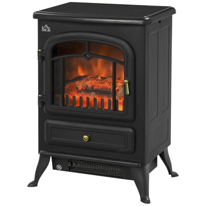 HOMCOM Freestanding Electric Fireplace Indoor Heater Glass View Log Wood Burning Effect Flame Portable Fireplace Stove 1000/2000W Black