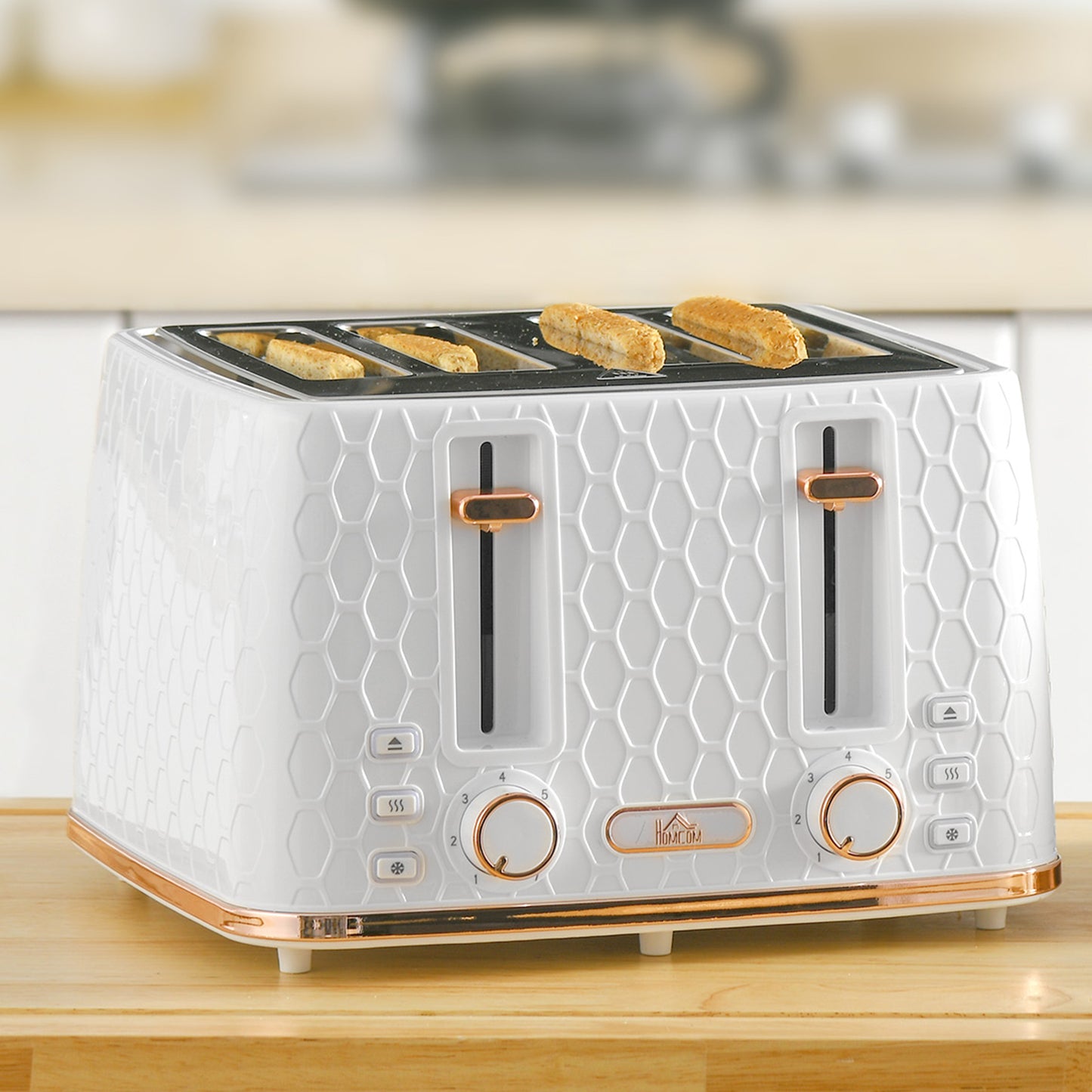 HOMCOM 4-Slice Toaster | White & Rose Gold, Honeycomb Texture, 7-Level Browning, Wide Slots, Defrost, Reheat, Cancel, Removable Crumb Tray