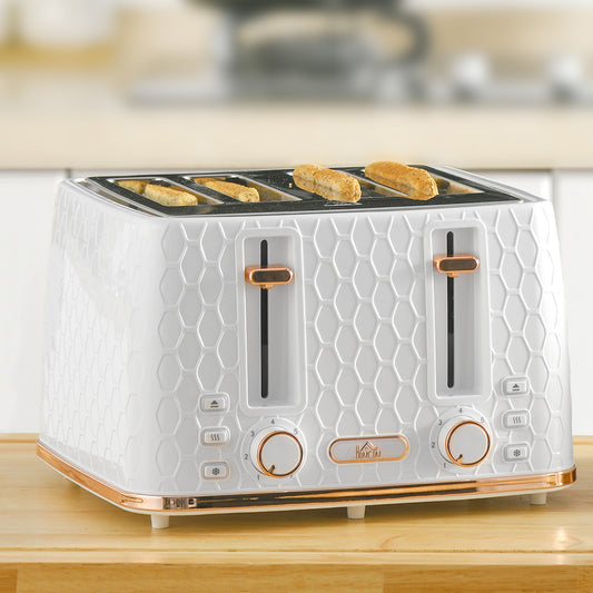 HOMCOM 4-Slice Toaster | White & Rose Gold, Honeycomb Texture, 7-Level Browning, Wide Slots, Defrost, Reheat, Cancel, Removable Crumb Tray