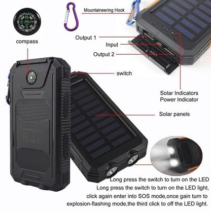 20000mAh Waterproof 2 USB LED Solar Power Bank