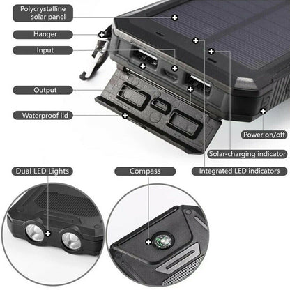 20000mAh Waterproof 2 USB LED Solar Power Bank