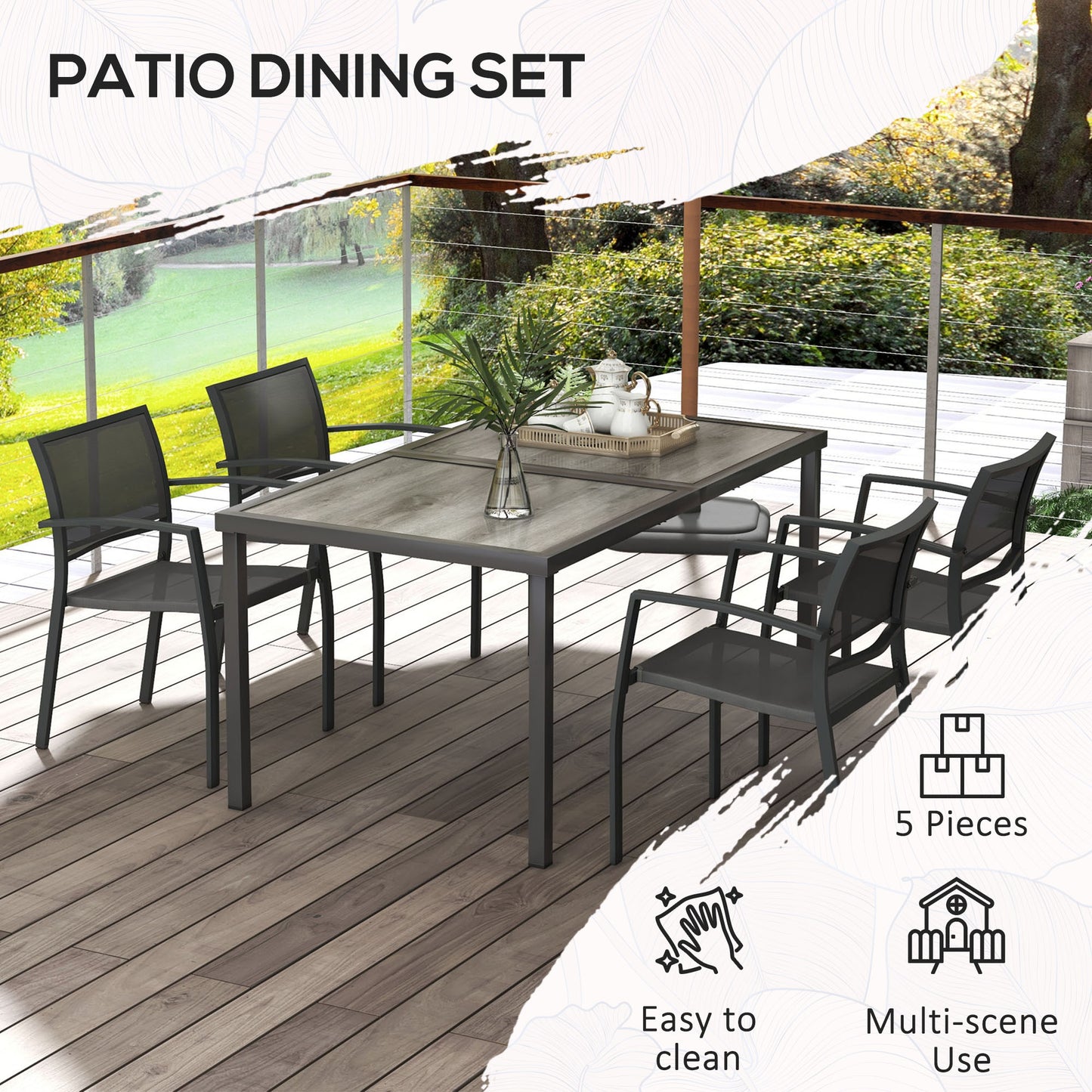 Outsunny 5-Piece Outdoor Dining Set | Wood-Effect Table