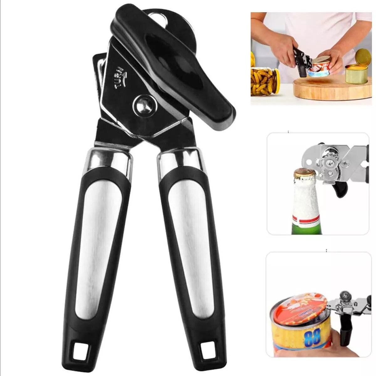 Heavy Duty Stainless Steel Tin Can Opener Cutter – Easy Comfy Handle Grip – 3-in-1 Kitchen Tool