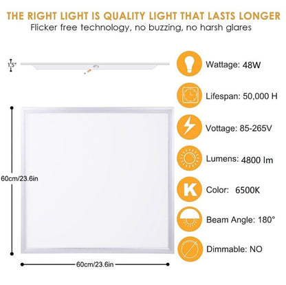 48W 600x600mm LED Panel Light – Cool White 6500K, Ultra-Slim Ceiling Panel with 3-Year Warranty, 4800 Lumens, Commercial & Office Lighting