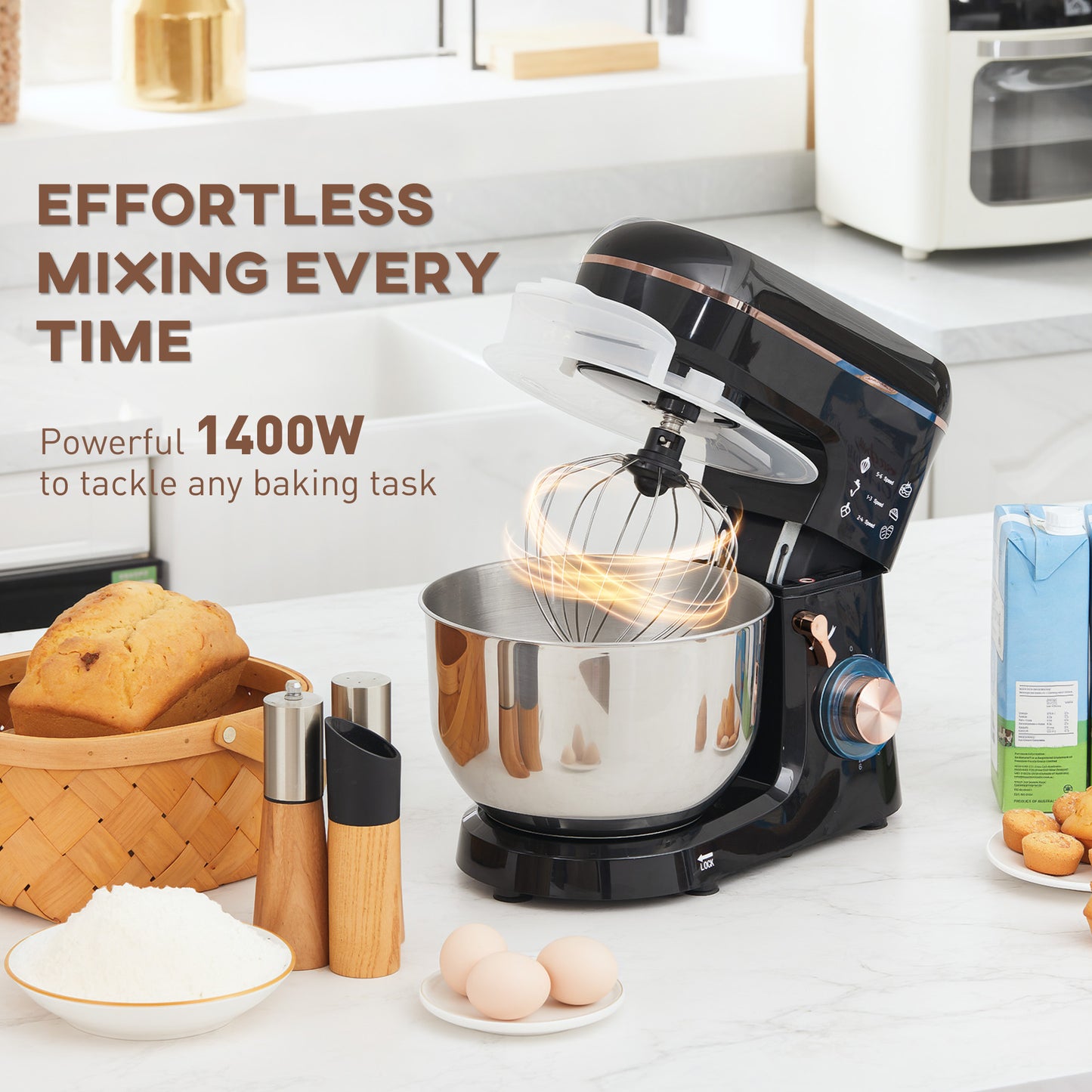 5L Stand Mixer 1400W – 6 Speeds + Pulse, Stainless Steel Bowl, Dough Hook/Whisk/Beater (Black)