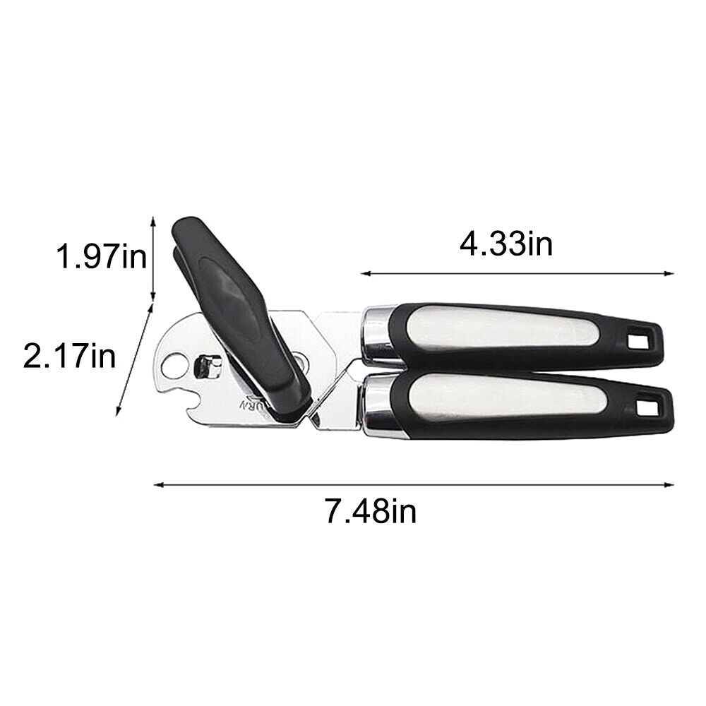 Heavy Duty Stainless Steel Tin Can Opener Cutter – Easy Comfy Handle Grip – 3-in-1 Kitchen Tool
