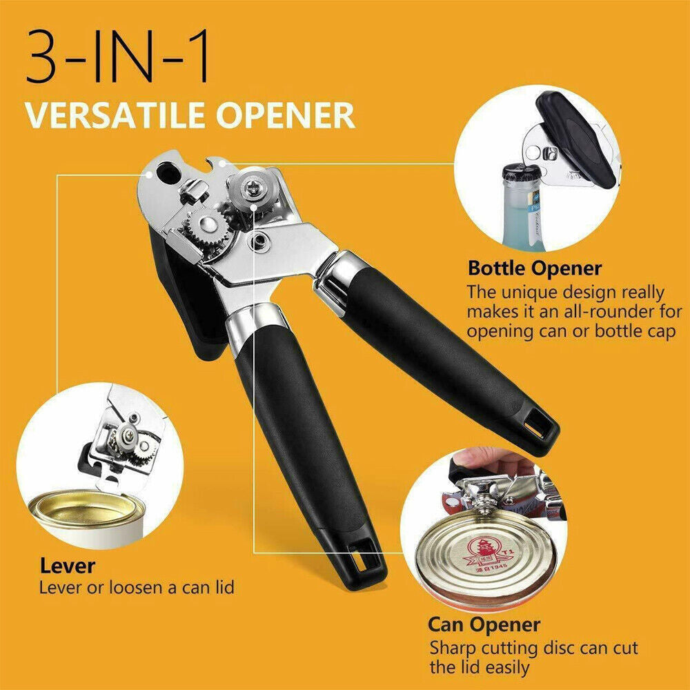 Heavy Duty Stainless Steel Tin Can Opener Cutter – Easy Comfy Handle Grip – 3-in-1 Kitchen Tool