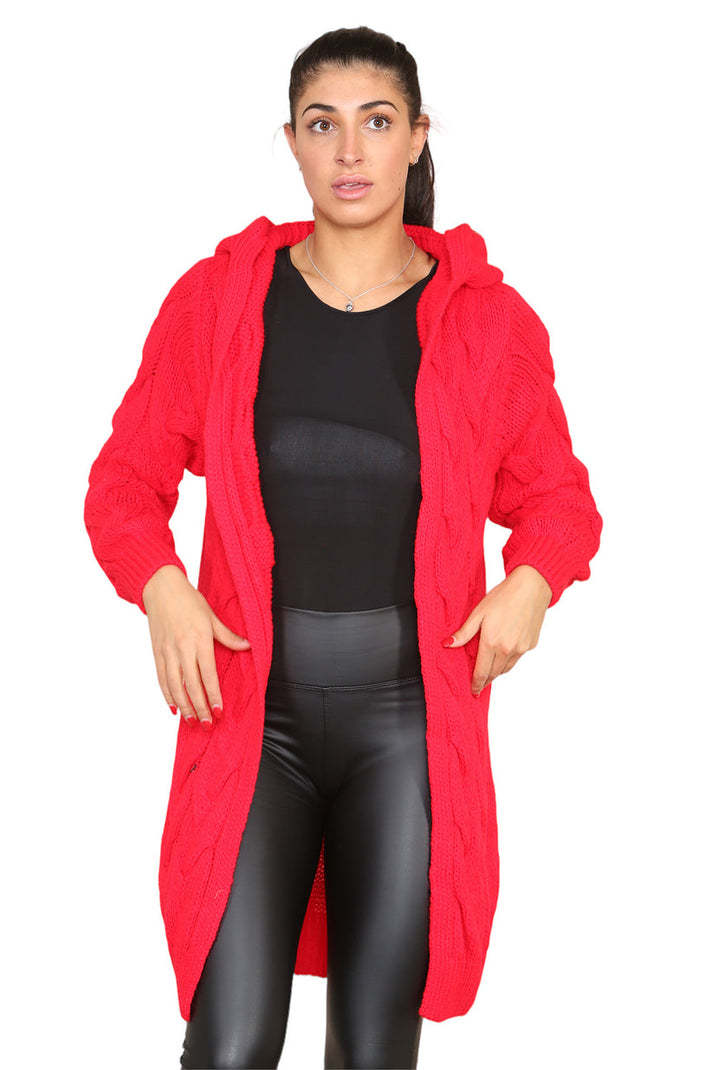 Knitted Cables Hooded Long Oversized Cardigan - Italian Made Women's Cozy Knitwear | UK Fashion