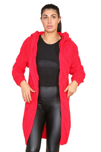 Knitted Cables Hooded Long Oversized Cardigan - Italian Made Women's Cozy Knitwear | UK Fashion