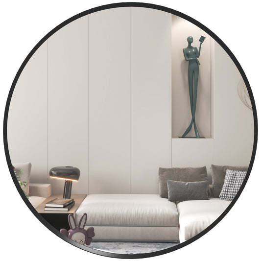61cm Round Decorative Wall Mirror – Modern Black Frame (Bedroom, Living Room, Bathroom)