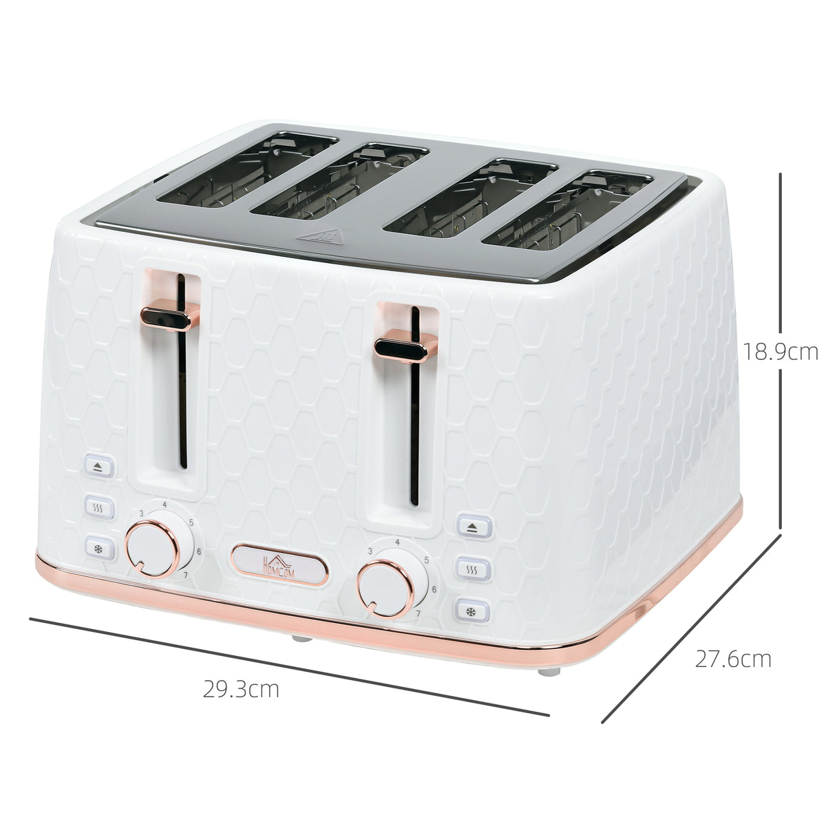 HOMCOM 4-Slice Toaster | White & Rose Gold, Honeycomb Texture, 7-Level Browning, Wide Slots, Defrost, Reheat, Cancel, Removable Crumb Tray