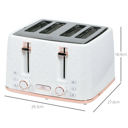 HOMCOM 4-Slice Toaster | White & Rose Gold, Honeycomb Texture, 7-Level Browning, Wide Slots, Defrost, Reheat, Cancel, Removable Crumb Tray