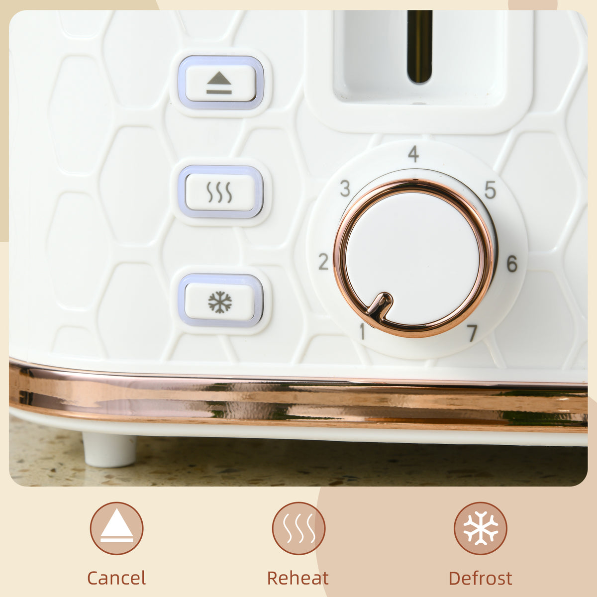 HOMCOM 4-Slice Toaster | White & Rose Gold, Honeycomb Texture, 7-Level Browning, Wide Slots, Defrost, Reheat, Cancel, Removable Crumb Tray