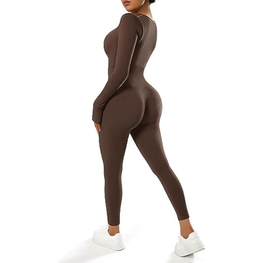 DOULAFASS Women's Ribbed Seamless Jumpsuit | Long Sleeve Yoga Workout Outfit