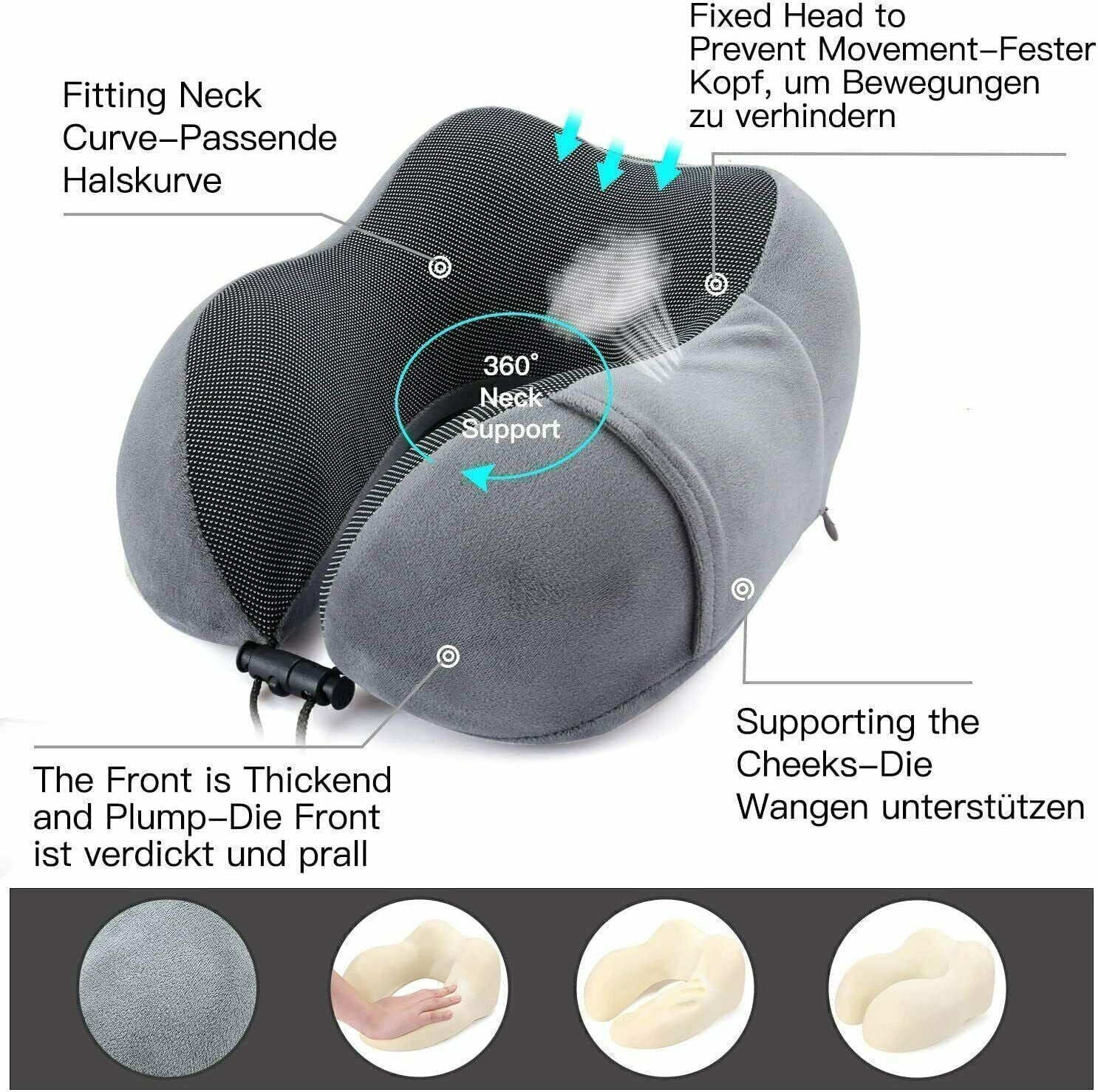 Memory Foam U-Shaped Travel Pillow – Neck Support Soft Headrest for Car Plane & Office – Includes Eye Mask Earplugs &