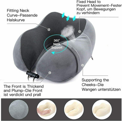 Memory Foam U-Shaped Travel Pillow – Neck Support Soft Headrest for Car Plane & Office – Includes Eye Mask Earplugs &