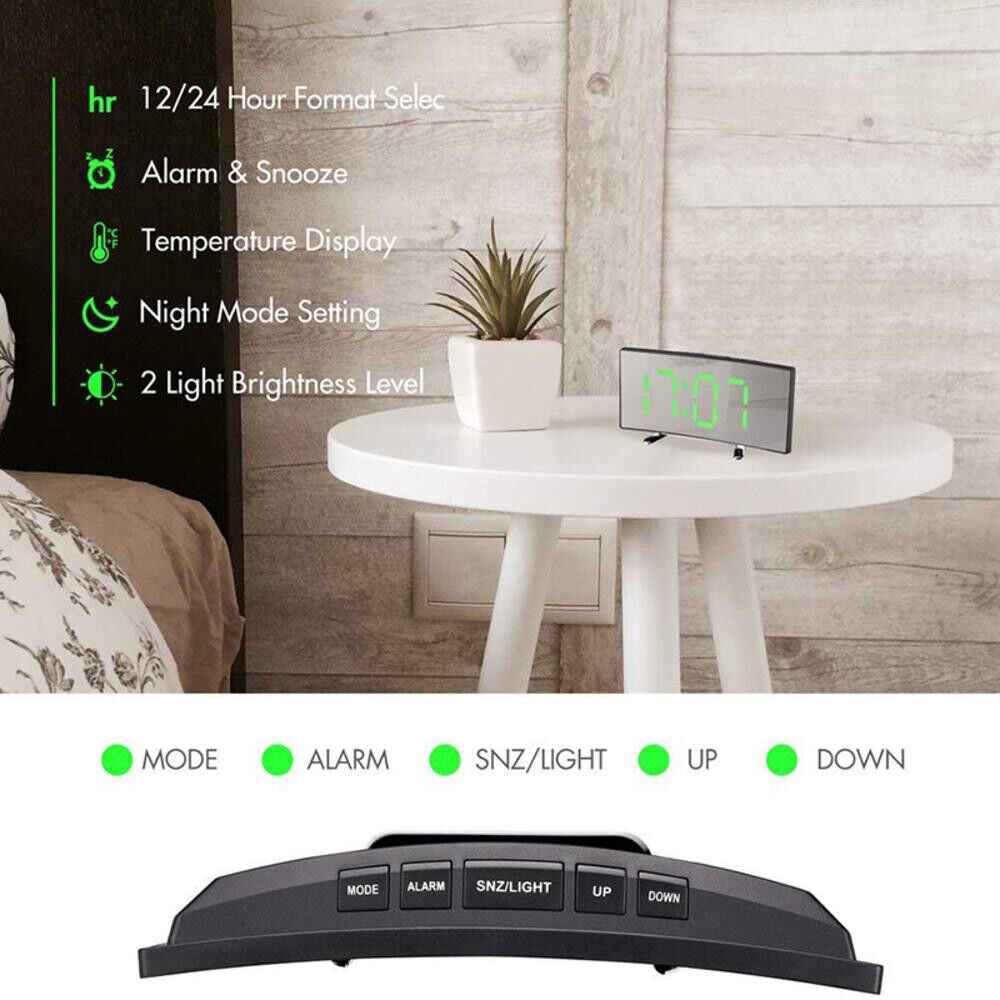 LED Digital Alarm Clock USB Temperature Curved Display Snooze Bedside Modern Hot