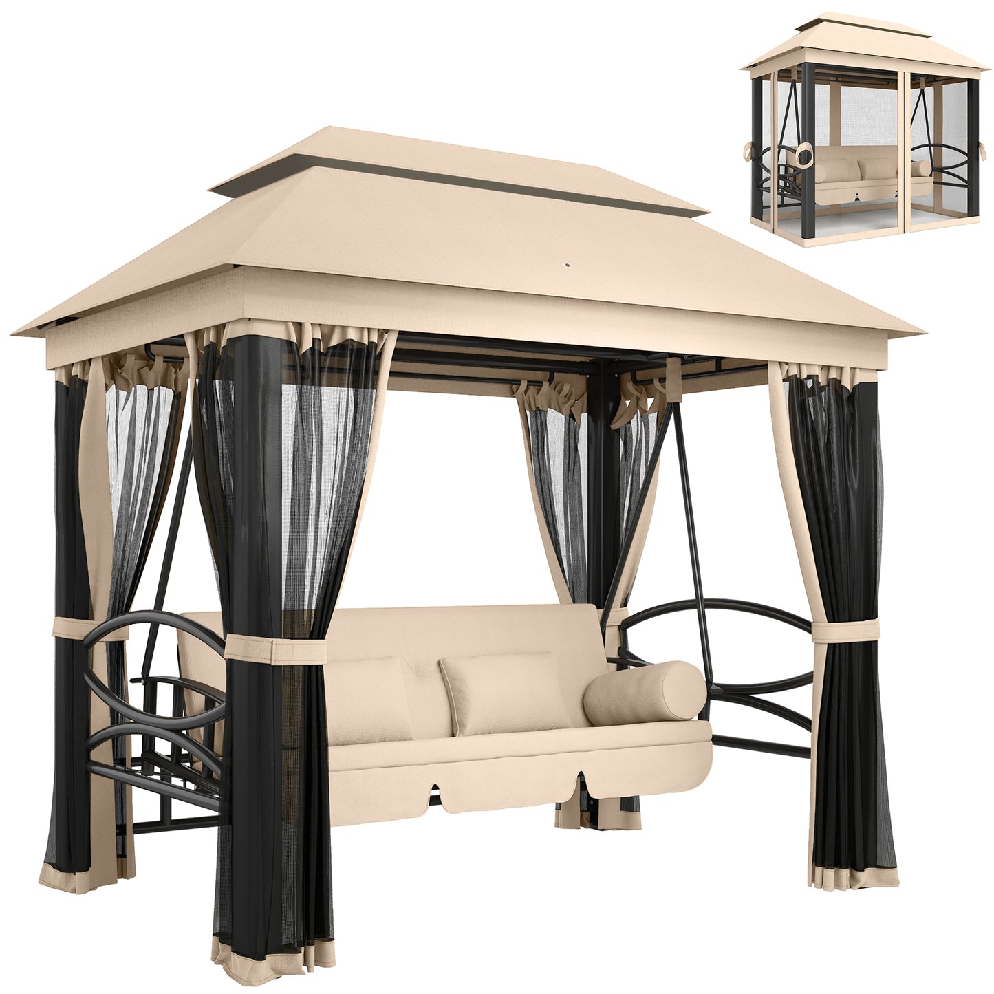 Outsunny 3-Seater Garden Swing Chair | Convertible Patio Bench Bed with Canopy
