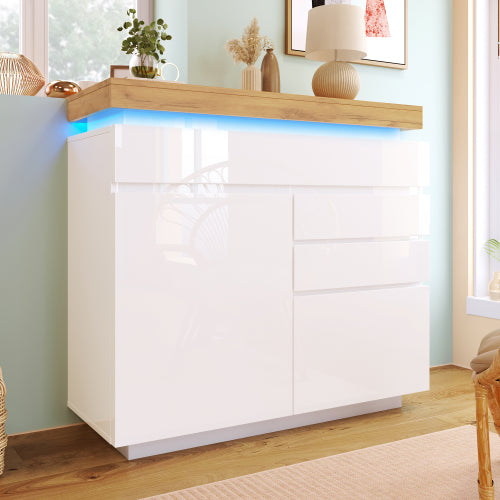 High-Gloss Sideboard Cabinet with RGB LED Lighting | 2 Doors & 3 Drawers, App-Controlled, White — 110 x 115 x 39 cm