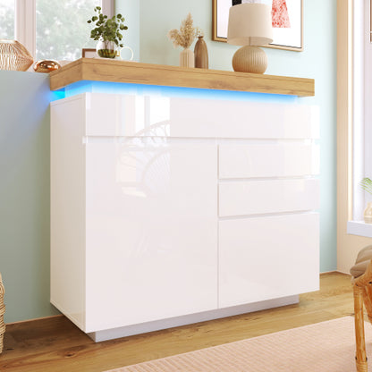 High-Gloss Sideboard Cabinet with RGB LED Lighting | 2 Doors & 3 Drawers, App-Controlled, White — 110 x 115 x 39 cm