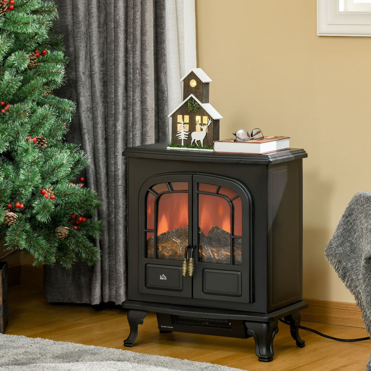 HOMCOM Electric Fireplace Stove Freestanding Log Burner with Double Door, 1000W/2000W, Portable Electric Fire Fan Heater with LED Flame Effect, Adjustable Thermostat, Overheat Protection, Black
