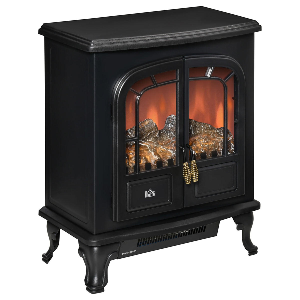 HOMCOM Electric Fireplace Stove Freestanding Log Burner with Double Door, 1000W/2000W, Portable Electric Fire Fan Heater with LED Flame Effect, Adjustable Thermostat, Overheat Protection, Black