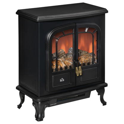 HOMCOM Electric Fireplace Stove Freestanding Log Burner with Double Door, 1000W/2000W, Portable Electric Fire Fan Heater with LED Flame Effect, Adjustable Thermostat, Overheat Protection, Black
