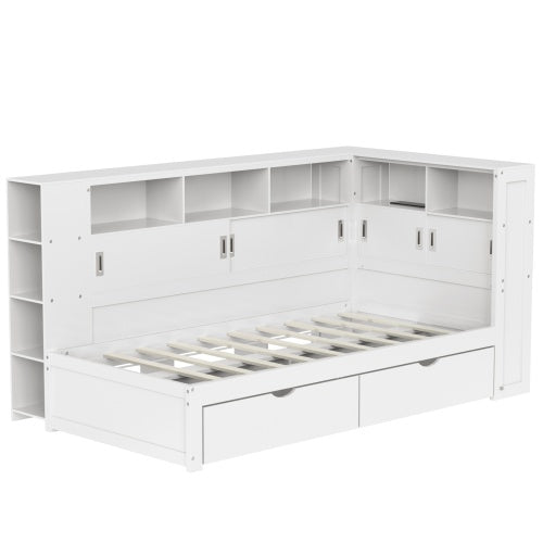 Single Platform Bed with L-Shape Wrap-Around Storage, Pull-Out Trundle & Integrated UK Mains Sockets + USB Charging | 3ft (90×190cm) | White