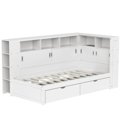 Single Platform Bed with L-Shape Wrap-Around Storage, Pull-Out Trundle & Integrated UK Mains Sockets + USB Charging | 3ft (90×190cm) | White