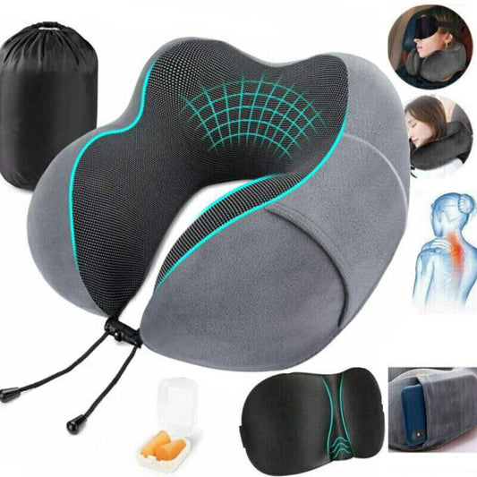 Memory Foam U-Shaped Travel Pillow – Neck Support Soft Headrest for Car Plane & Office – Includes Eye Mask Earplugs &
