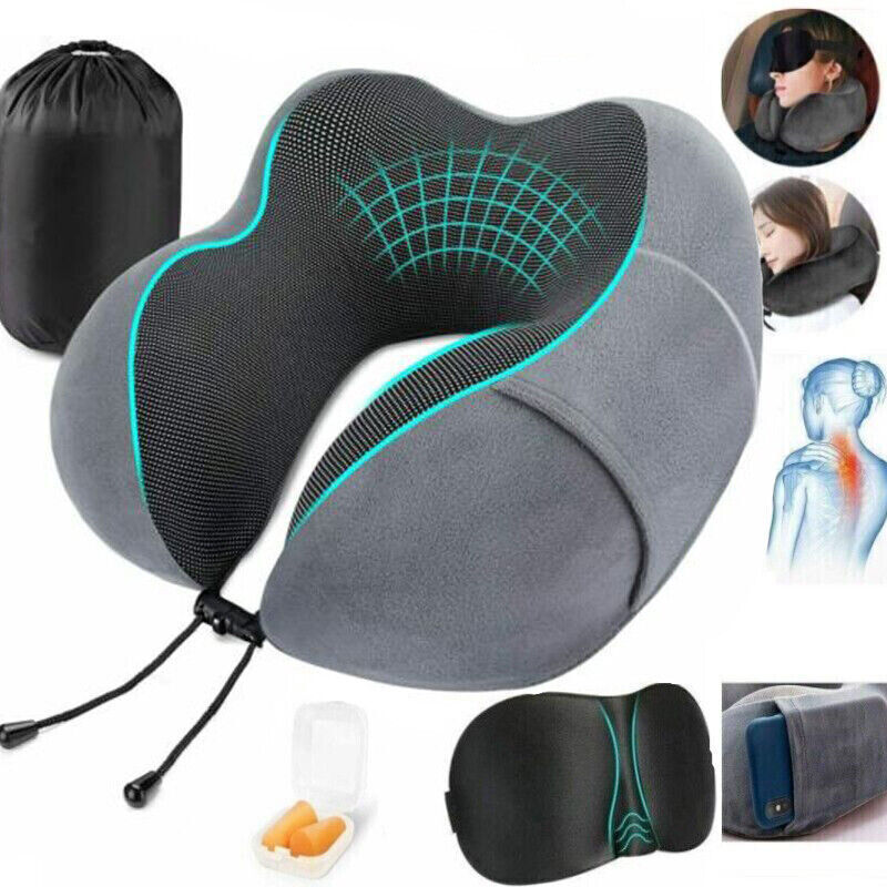 Memory Foam U-Shaped Travel Pillow – Neck Support Soft Headrest for Car Plane & Office – Includes Eye Mask Earplugs &