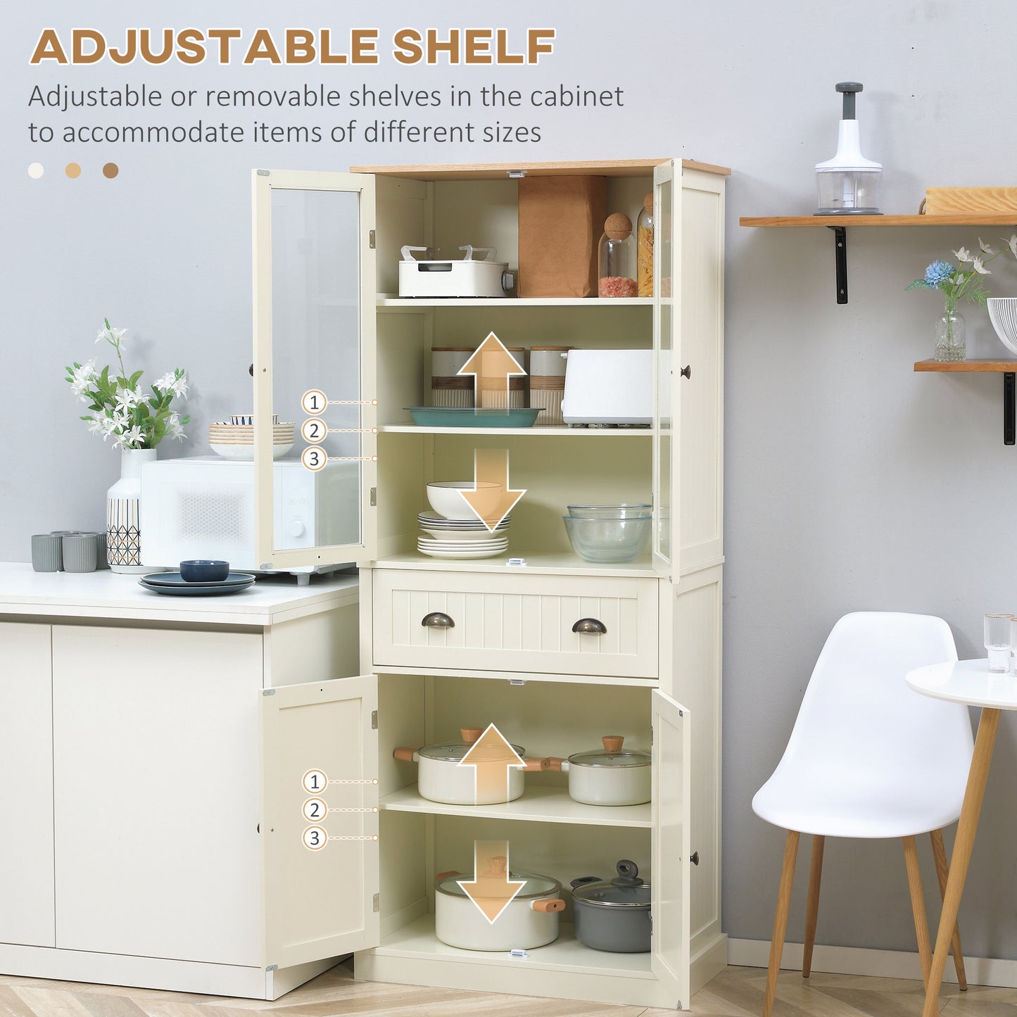 HOMCOM Freestanding Kitchen Cupboard | 5-Tier Pantry Storage Cabinet, Cream White
